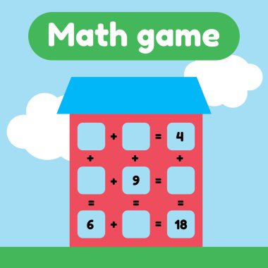 Vektör çizim. Matematik okul öncesi ve okul çağındaki çocuklar için oyun. Say ve doğru numaraları ekleme. Ayrıca. Penceresi olan ev.