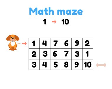 vektör çizim. okul öncesi çocuklar için oyun. matematiksel labirent. kemiğe almak belgili tanımlık köpek yavrusu yardım. 10 1-numaralarını bulmak
