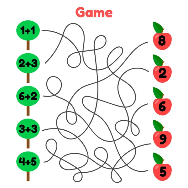 Matematické hry pro děti školního a předškolního věku. labyrint. Řešení příkladů. Komplikovaných road. Stromy a jablka. — Stockový vektor