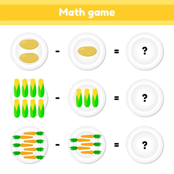 Educativo un juego matemático. Tarea lógica para los niños. resta. Verduras. Patatas, maíz, zanahorias — Archivo Imágenes Vectoriales