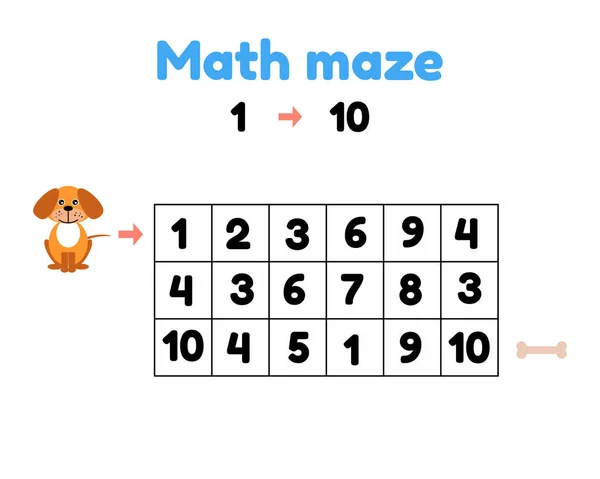 Vectorillustratie. spel voor kleuters. wiskundige doolhof. helpen de pup om tot op het bot. het vinden van getallen van 1 tot 10 — Stockvector