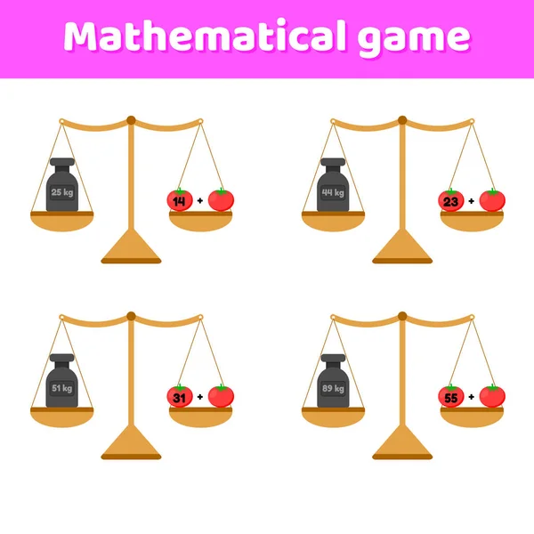 Illustrazione vettoriale. Gioco di matematica per i bambini in età scolare e prescolare. Bilance e pesi. Aggiunta. Pomodori vegetali . — Vettoriale Stock