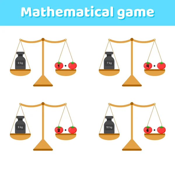 Illustrazione vettoriale. Gioco di matematica per i bambini in età scolare e prescolare. Bilance e pesi. Aggiunta. Pomodori vegetali . — Vettoriale Stock