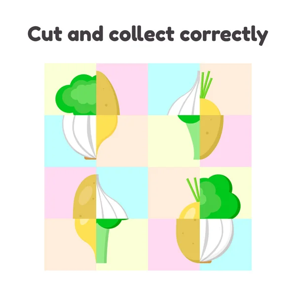Ilustração vetorial. jogo de quebra-cabeça para crianças em idade pré-escolar e escolar. cortar e recolher corretamente. legumes, alho, nabo, brócolis, batatas — Vetor de Stock