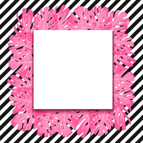 Vektorillustration. exotiska tropiska rosa blad monstera.square papper banner. Svarta och vita ränder. — Stock vektor