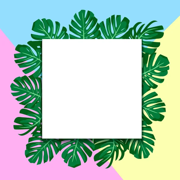 Ilustração vetorial. exótico tropical folhas verdes monstera. banner de papel quadrado. fundo azul, amarelo e rosa — Vetor de Stock