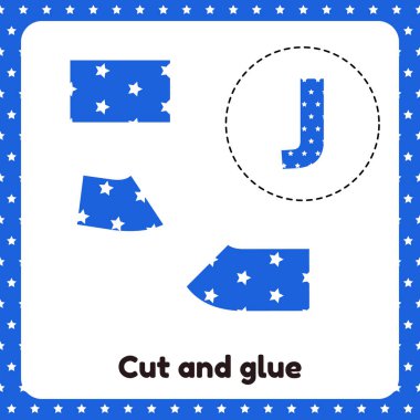 Vektör çizim. Okul öncesi ve okul çağındaki çocuklar için bir oyun. Kes şunu ve yapıştırıcı. İngilizce alfabe J. mavi arka plan beyaz yıldız ile mektup.
