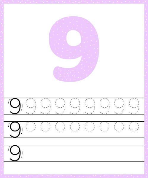 Sporen regelnummer voor kinderen van het kleuter- en preshool. Schrijf een negen. Pastel kleur violet. Stip de achtergrond. Vectorillustratie. — Stockvector