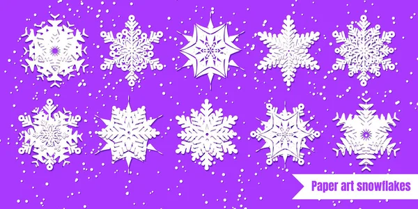 Weiße Schneeflocken mit Schatten auf violettem Hintergrund. Papierschnitt. Ich habe — Stockvektor