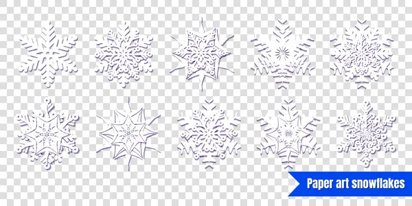 Weiße Schneeflocken Mit Schatten Auf Transparentem Hintergrund Papierschnitt Vektorillustration Winterset — Stockvektor