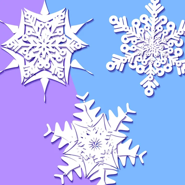 Vita snöflingor med skugga på blå bakgrund. Papper skära. Vect — Stock vektor