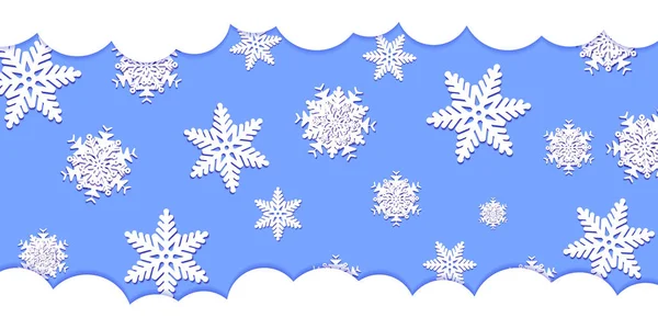 White snowflakes with shadow on blue background. Paper cut. Vect — Stock Vector