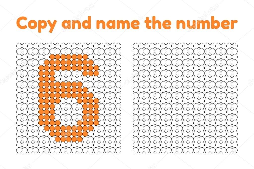 Educational game for attention for children of kindergarten and preschool age. Repeat the picture. Copy and name the number. Color by example. Orange six. 6