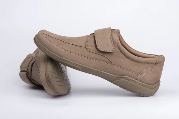 Beige Men Summer Leather Shoes Slipper White Background — Stock Photo, Image