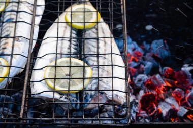 Kavrulmuş balık uskumru pişmiş ızgara, üstten görünüm, yakın çekim.