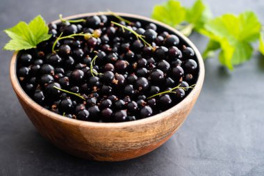 Blackcurrant meyveler yaprakları, blackcurrant bir kase ile.