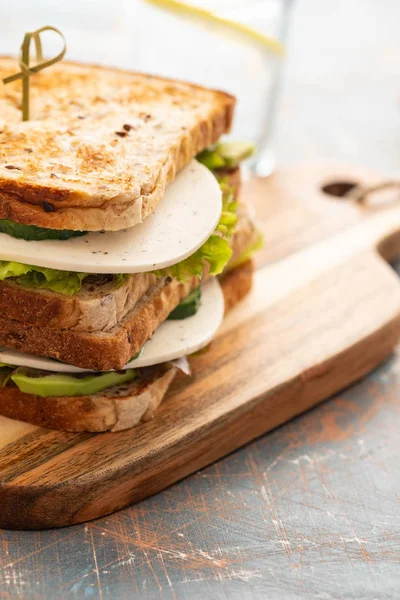 Gezonde zelfgemaakte vegetarisch Veggie Sandwich met sla. komkommer, avocado, kaas. Kopiëren van ruimte. — Stockfoto