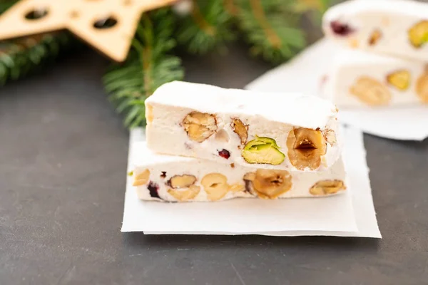 Turron or nougat sweets.Winter holidays sweets.Traditional italian sweets. Copy space. — Stock Photo, Image