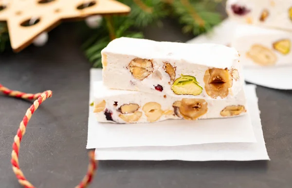 Turron or nougat sweets.Winter holidays sweets.Traditional italian sweets. Copy space. — Stock Photo, Image