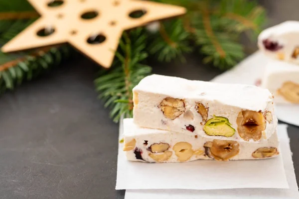 Turron or nougat sweets.Winter holidays sweets.Traditional italian sweets. Copy space. — Stock Photo, Image