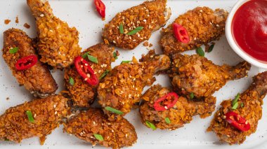 Tavuk kanadı sosu ve bir beyaz tahta üzerinde biber ile. Kopya alanı.