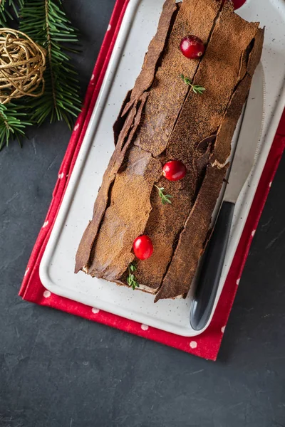 Buche 드 노엘입니다. 전통적인 크리스마스 디저트, 크리스마스 성탄절 로그 케이크 초콜릿 크림, 적갈색. 크리스마스 나무 가지와 돌 회색 배경에. — 스톡 사진