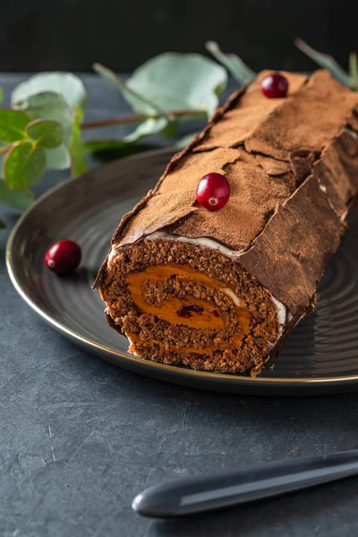 Buche de Noel. Traditionell juldessert, yule log julkaka med choklad grädde, tranbär. Kopiera utrymme. — Stockfoto