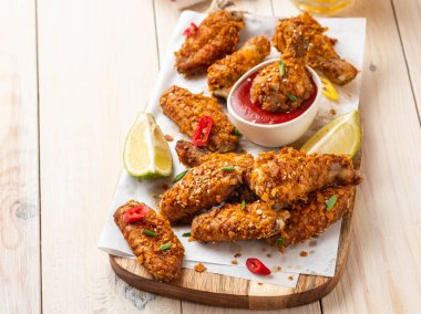 Tavuk kanadı sosu ve bir beyaz tahta üzerinde biber ile. Kopya alanı.