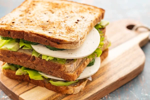 Healthy Homemade Vegetarian Veggie Sandwich with Lettuce. cucumber, avocado, Cheese. Copy space. — Stock Photo, Image