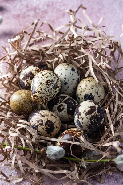 Quail eggs easter. On the pink background. Free copy space. — Stock Photo, Image