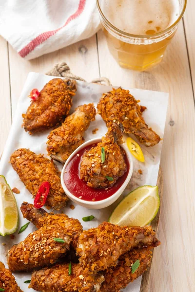 Chicken nuggets with sauce and pepper on a white board. Copy space.