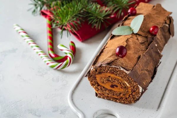 Bush de Noel Christmas Log Cake and New Year background. Copy space. — Stock Photo, Image