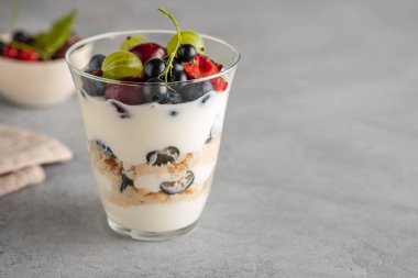 Gri arka planda böğürtlenli tiramisu. İtalyan tatlısı. Boşluğu kopyala.