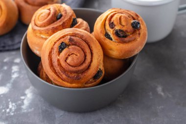 Geleneksel tatlı tarçın rulo fırından yeni çıkmış, girdap. Kopya alanı.