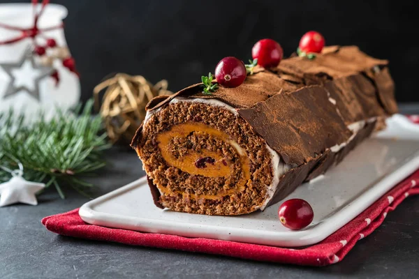 Buche de Noel. Traditional Christmas dessert, Christmas yule log cake with chocolate cream, cranberry. On stone gray background with Christmas tree branches. — Stock Photo, Image