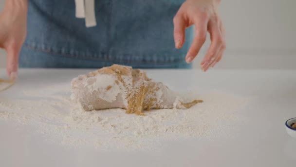 Proces van het maken van peperkoek koekjes voor Kerstmis. Een vrouw bereidt een deeg voor. Kerstmis. Langzame beweging. — Stockvideo