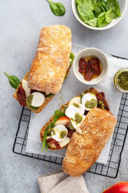 Domates, pesto ve mozarella ile taze tahıllı çörek. Boşluğu kopyala.