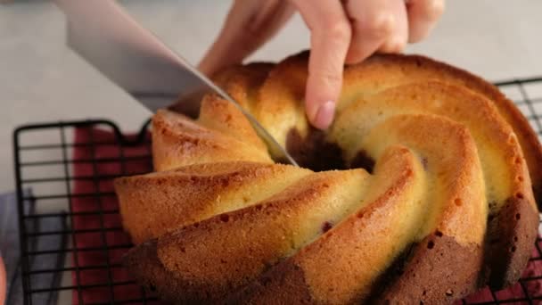 Mãos femininas cortando torta de cereja recém-assada Mulher jovem cortando fatia de bolo assado na placa em casa. — Vídeo de Stock