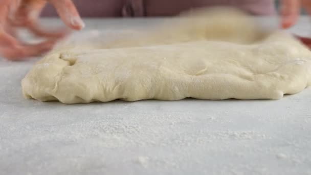 Cook rullar degen med en valspinne och formar degen. Kvinnliga händer knådar degen i mjöl på bordet. Närbild. Produktion av kanelbullar. Bageriprodukter. — Stockvideo