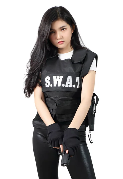 Young Asian Woman Black Clothes Bulletproof Vest Holding Gun — Stock Photo, Image