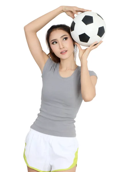 Giovane Donna Asiatica Abbigliamento Sportivo Tenendo Calcio Sulla Sua Mano — Foto Stock