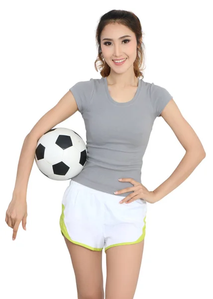 Junge Asiatin Sportkleidung Mit Fußball Auf Der Hand — Stockfoto