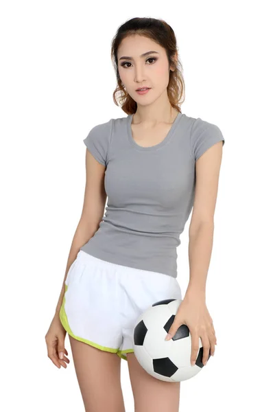 Ung Asiatisk Kvinna Sport Slitage Holding Fotboll Hennes Hand — Stockfoto