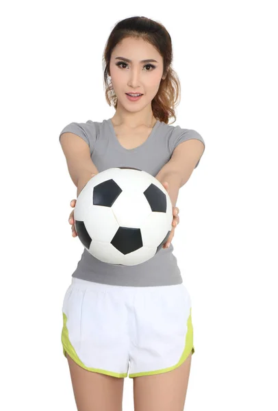 Joven Asiático Mujer Deporte Desgaste Celebración Fútbol Mano —  Fotos de Stock