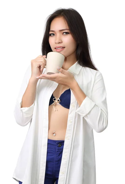 Asian Woman Holding Cup Drinking Hot Coffee — Stock Photo, Image