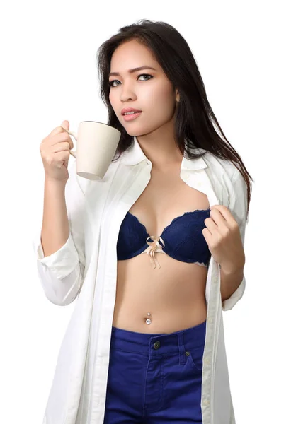 Mujer Asiática Sosteniendo Una Taza Tomando Café Caliente —  Fotos de Stock