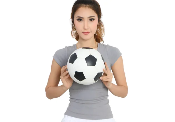 Genç Asyalı Kadın Futbol Elinde Tutan Spor Aşınmaya — Stok fotoğraf