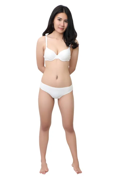 Schöne Junge Asiatische Frau Weißen Bikini Und Weißem Hintergrund — Stockfoto