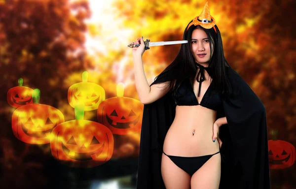 Sexy Mulher Bruxa Preto Biquíni Halloween Fundo — Fotografia de Stock