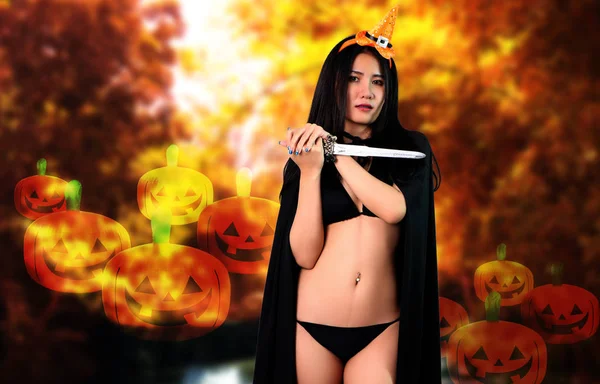Sexy Mujer Bruja Negro Bikini Halloween Fondo —  Fotos de Stock